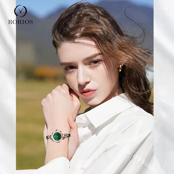 Elegant damearmbåndsur med diamanter, analogt kvartsur for damer, vanntett smaragd-klokke, fasjonabelt klesur med lærreim, GRØNN Green