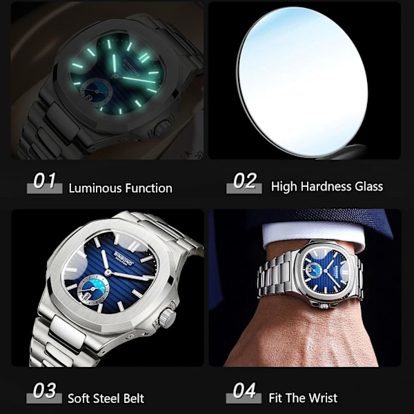 Herrar Enkel Armbandsur Fritids Kvartsur Vattentät Datum Kalender Klocka Luminous Analog Klocka med Rostfritt Stål Armband för Män Svart Blå Black blue