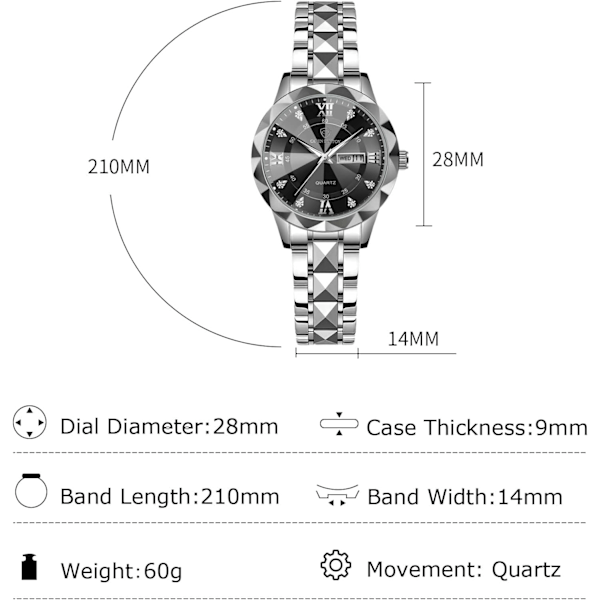 Enkel Dame Armbåndsur i Rustfrit Stål Elegant Analog Kvarts Lysende Sort B Black B
