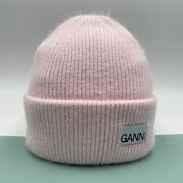 Stickad Herr Dam Ganni Vinter Varm Cap Manschettstickad Stretch Beanie Hatt Pink