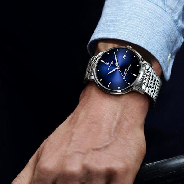 Herre-armbåndsur, analogt kvartsur, minimalistisk kalenderur til mænd, BLÅ, L, Kvartsur