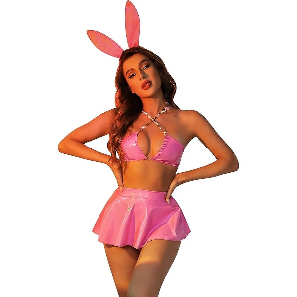 Dame Holografiske Skinnende Rave Outfits Metallisk Wetlook Pvc Læder Kæde BH Top Udsvinget Mini Nederdel Hårbånd Kaninkostume Festival Clubwear Rose Rose S