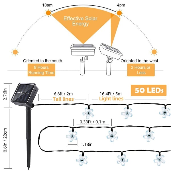 Utendørs solcelle lyslenke kirsebærblomst fe 50LED 2 moduser vanntett hage uteplass jul Inn