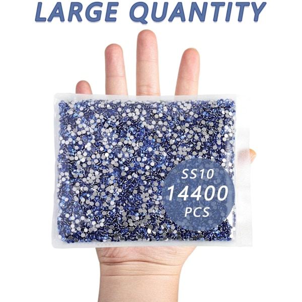 14400 stk Lyssapphirblå Flatback Rhinestones for Negl, SS10, 2,7-2,9 mm Light Sapphire SS10/14400pcs