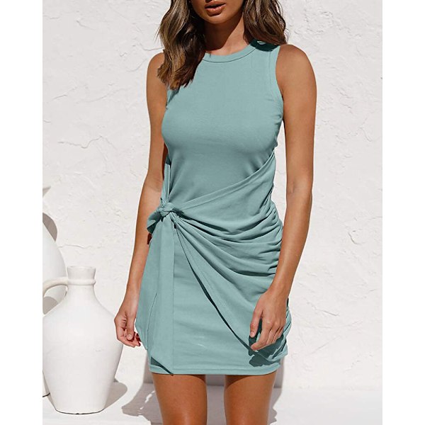 2023 Damer sommer Casual ærmeløs strandtankkjole Bodycon Ruched minikjoler Bønnegrøn S Bean green S