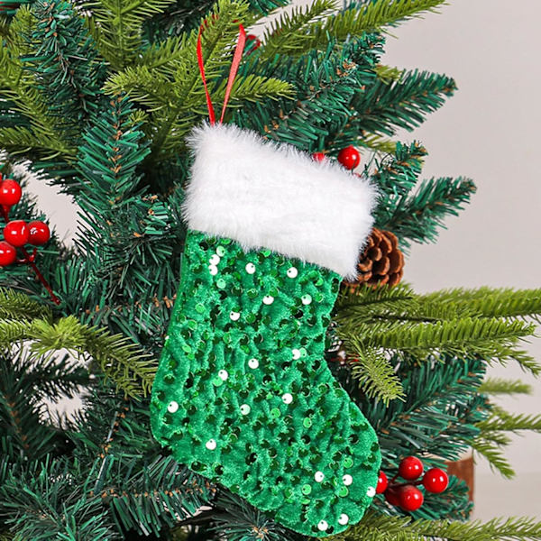 Julstrumpa | Glittrig julstrumpa | Juldekoration | Julstrumpor | Heminredning | Hållare för barn julstrumpor | Glittrande julstrumpa till jul gRÖN