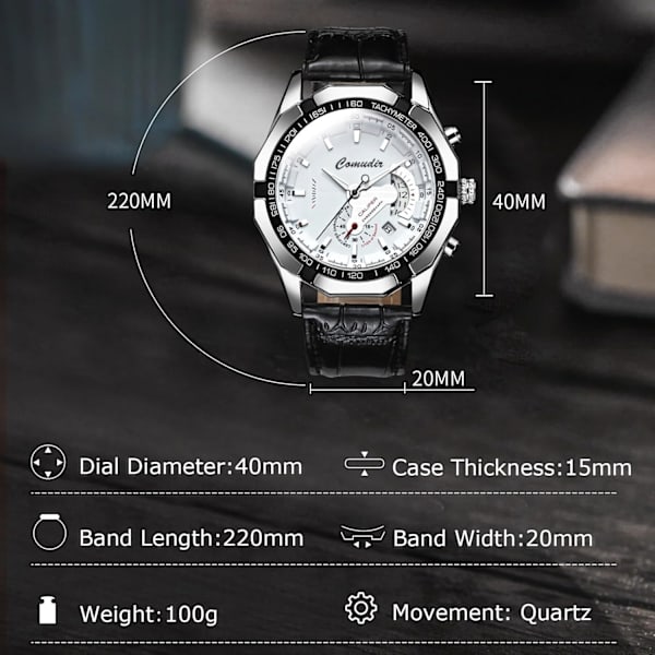 Modeklockor för Män Business Rostfritt Stål Armbandsur Analog Kvarts Armbandsur Datumkalender Luminous Klocka för Män Svart Vit Black white