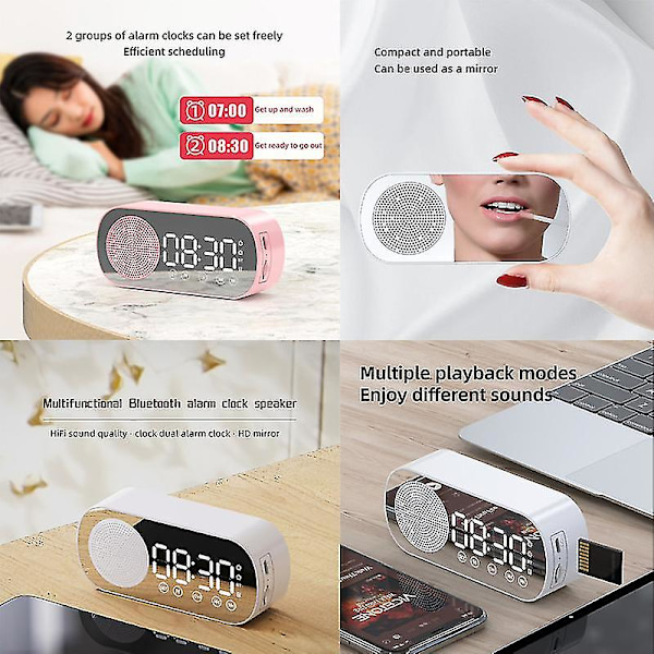 Multifunktionell Smart FM-radio Bluetooth-högtalare Väckarklocka Spegelklocka (rosa)