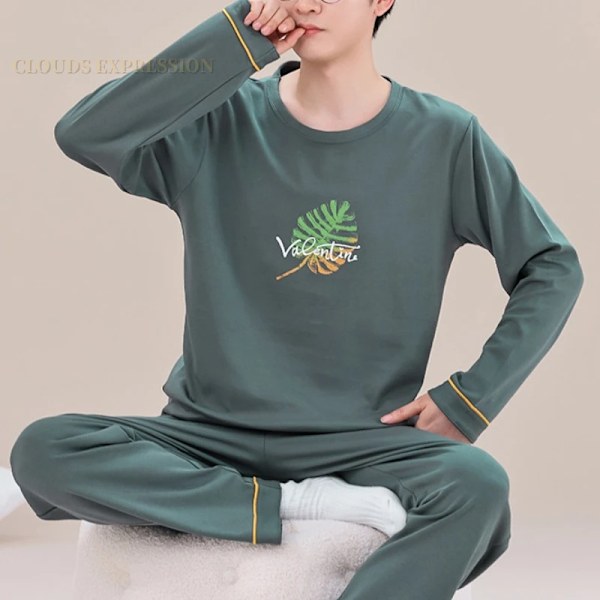 Vår Höst Plus 5Xl Stickade Mäns Sovkläder Brev Lattice Pyjamas Plaid Pyjamas Sets Casual Sets Loungewear Pyjamas Natt Mode M1 4XL ASIAN(95-105Kg)