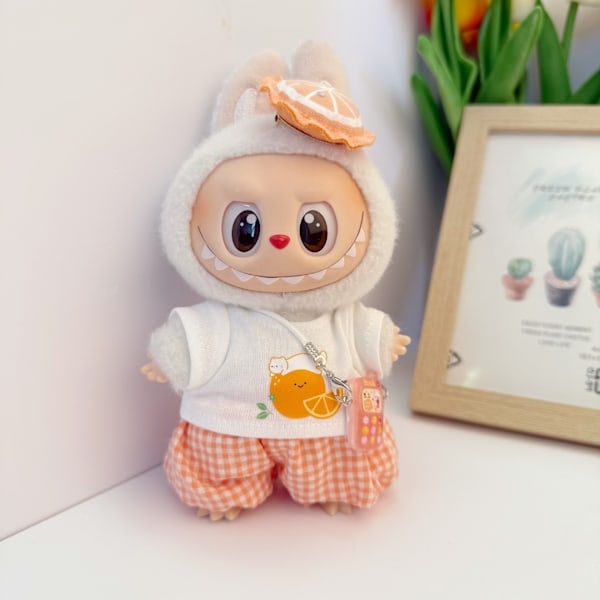 /NC/LABUBU KLÄDER, Labubu Baby Kläder, Bomulls Docktröja Julhatt Dockdräkt, Handgjorda Dockkläder Orange three-piece set