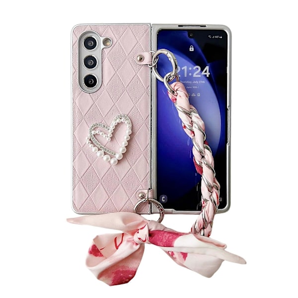 Mobilikotelo Samsung Galaxy Z Fold 6:lle käsiketjulla, rannekorulla, silkkihuivilla, timanttikuvioinnilla, helmisydänkuvioinnilla, iskunkestävä suojaava puhelinkotelo pink