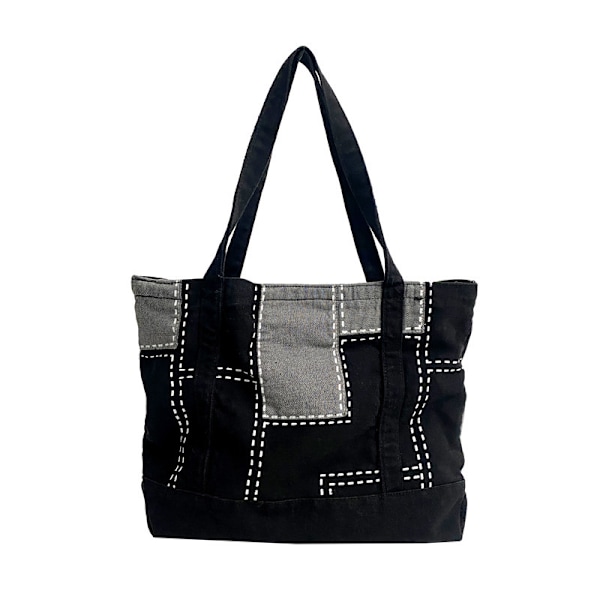 One Piece Canvas taske med vasket denimdetalje (Sort 36*30cm) - Canvas håndtaske med Jea