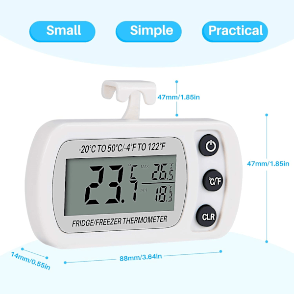 Digital Frysertermometer - Vandafvisende med Max/Min Display, Krog (Hvid)