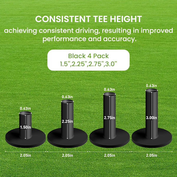 Golf Gummi-Tees, 3/4 Pakk, Blandet eller Samme Størrelse for Driving Range Treningsmatte 4 Pack(1.5,2.25,2.75,3)-Black