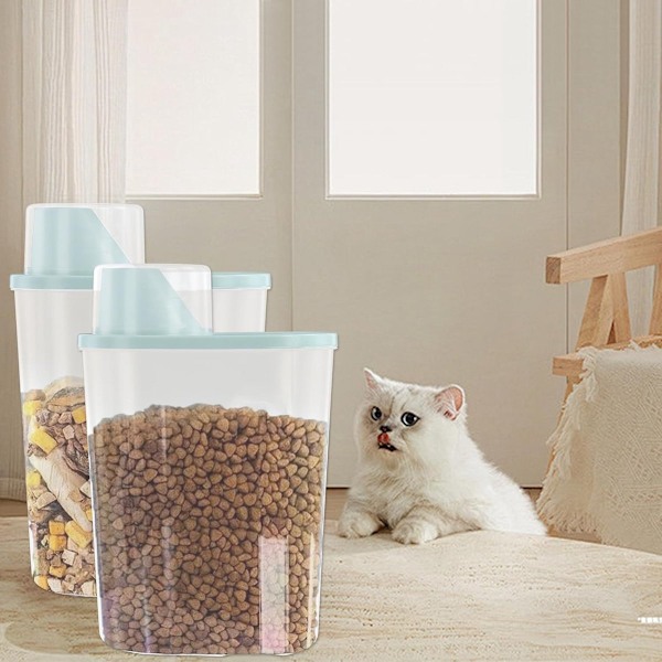 Lufttæt opbevaringsbeholdersæt til kæledyrsfoder med målebægerlåg, ABS tørfoderbeholder til hunde og katte, blå 2-pak 2,5L 25x15x8cm