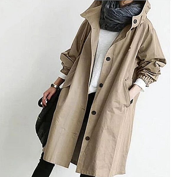 Hette Lomme Lang Arm Vindjakke Løs Kjole Midt Lengde Jakke Britisk Stil Kvinner Klær Solid Høst Tynn Casual Casual Casual Tilfelle Vintage Brun L