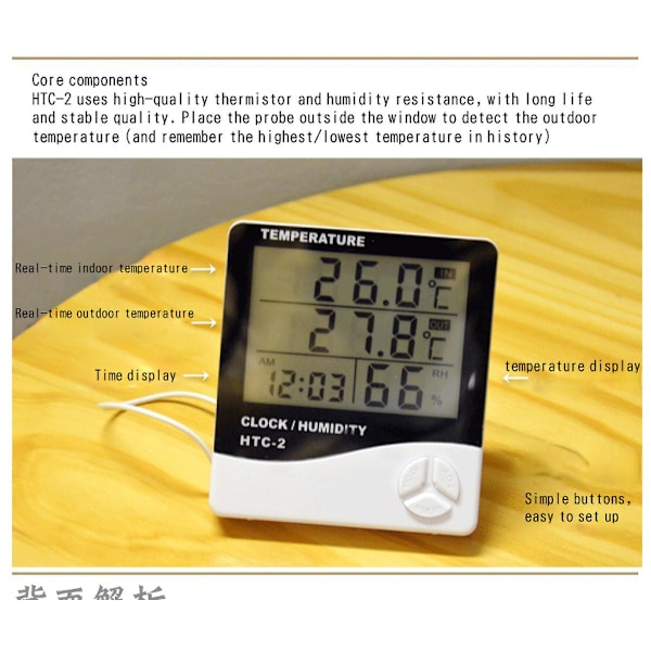 Stor LCD-skjerm husholdningstermometer og hygrometer Elektronisk termometer innendørs og utendørs Vekkereklokke Htc-2 termometer