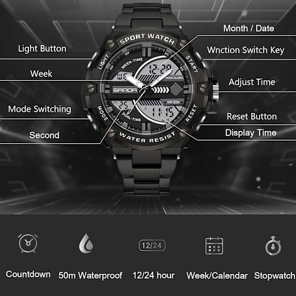 Herre Dual Display Klokker 5 ATM Vanntette Digital Analog Militær Rustfritt Stål Svart Hvit B Black white B