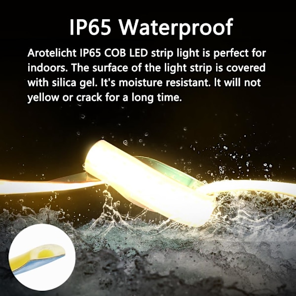 Arote 24V COB LED-stripe - 5m Vannbestandig Varmt Hvit 3000K, IP65 Dimbar, 320 LEDer/m Høy Lysstyrke for Hjemmedekorasjon (Strømforsyning Ikke Inkludert) Warm white 5 m