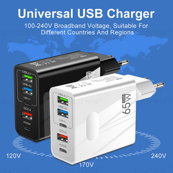Hög kvalitet 65W USA EU UK USB PD Multi Plugs Laddare 3.1A Trave A3 SQBB