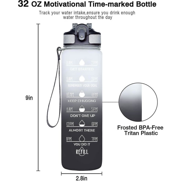 32oz läckagesäker Bpa-fri dricksvattenflaska med tidsmarkör och halm Ombre Grey Black