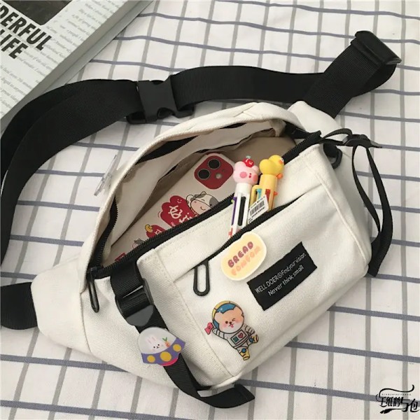 Damväska Japansk Serie Harajuku Ins Mörk Vind Budbärarkista Kvinnlig Koreansk Student Mångsidig Ridduk Midjeväska Hane Svart Badge Dinosaur