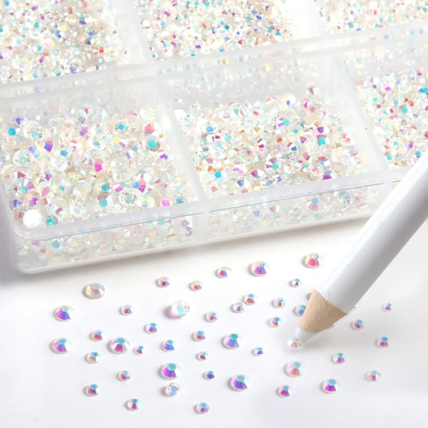 7200 kpl Litteitä Strassisteja Käsitöihin, Läpinäkyvät, Sekalaiset 6 Kokoa Vahakynien Setillä, SS3-SS10 Transparent AB 6 Sizes/7200pcs
