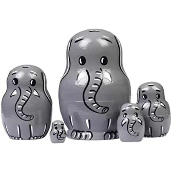 Grå Elefant Nesting Dolls Matryoshka Trä Staplings Nestad Set Handgjorda Leksaker, Söta Cartoon Elefant Mönster Nesting D