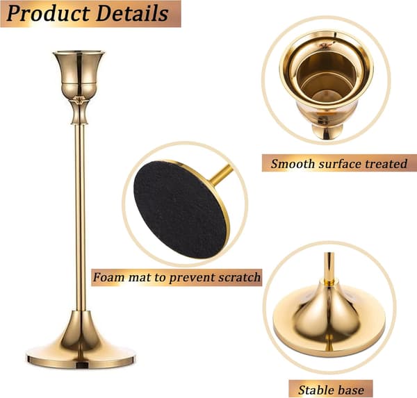 Gyllen Messing Lysestake Sett med 3 for Spisse Lys, Elegant Bryllupsdekor Gold 2 Set