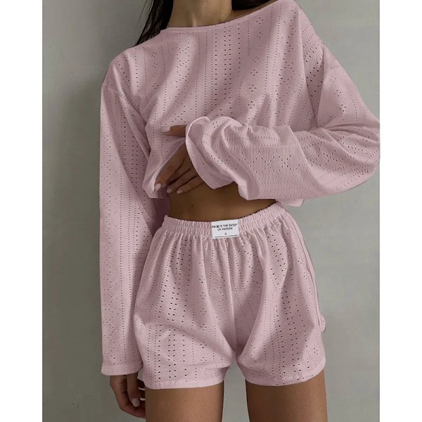 Kvinnors Pyjamas Set Vår Långärmad Toppar Med Shorts Nattkläder 2 Delar Set Lös Rund Hals Pyjamas Feme Gul L