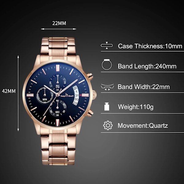 Mænd Analog Kvarts Forretningsure Lysende Vandafvisende Armbåndsur Dato Kalender Ur Chronograph Rustfrit Stål Rem Ur Sort Rosenguld Black rose gold