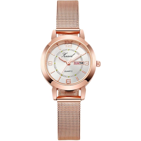 Minimalistisk Armbandsur för Flickor, Dam Analog Kvartsur Vattentätt Mesh-Armband, Damur i Roséguld, Vecka och Datumvisning, Vit White