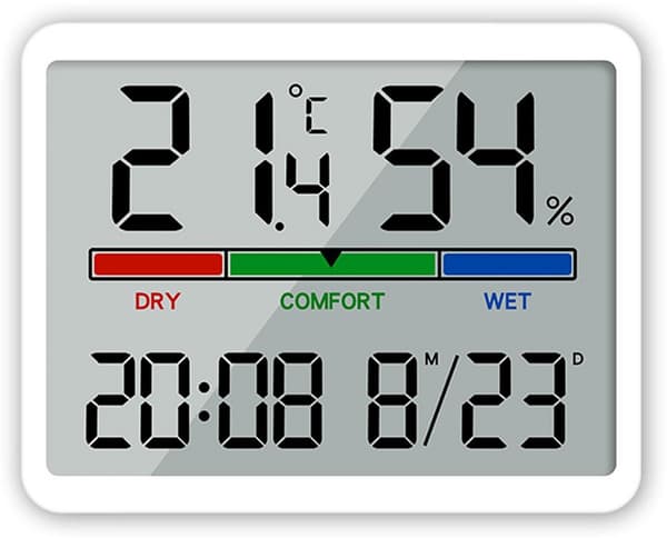 Digital hygrometertermometer med stor LCD-klockdisplay, fuktighetsmätare för sovrum, vardagsrum och kontor, 9 x 7,3 x 1,7 cm