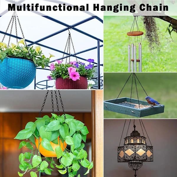 3-pak hængekurvkæder, 4-benede metalplanteophængskæder med justerbar krog til blomsterpotter, fuglefoderbræt og lanterner, sort 58 cm