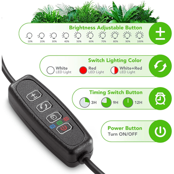 2-pack LED-växtlampa, 320 LED, Fullspektrum, Timer, Justerbar Ljusstyrka för Inomhusväxter
