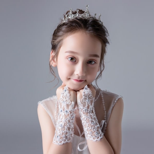 SQBB Spets diamant barn brudklänning blomma flicka klänning handskar f