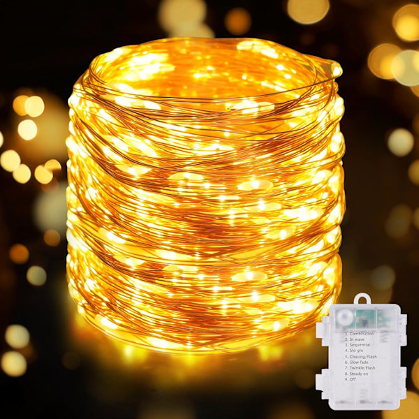 Batteridrevne Feelykter, 10m 100 LED Varmt Hvit, 8 Moduser for Julepynt 1 pc