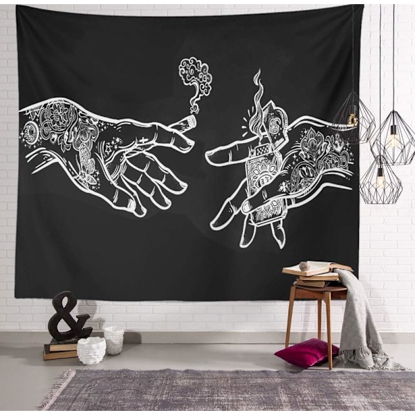 Håndvevd veggteppe med hvite og svarte blomster, morsom trippy hippie boho nyhet