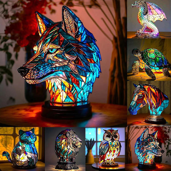 Målad glasdjur bordslampa serie | Bordslampa i färgat harts för heminredning [DB] Varg Wolf