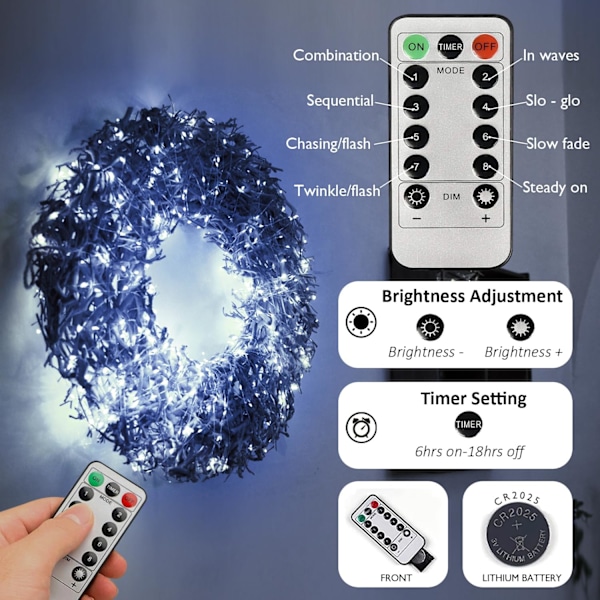 4-pakke 20 fot LED-lyslenker, Batteridrevet, Vanntette, 8 Moduser for Fester, Kald Hvit 4 pack cool white
