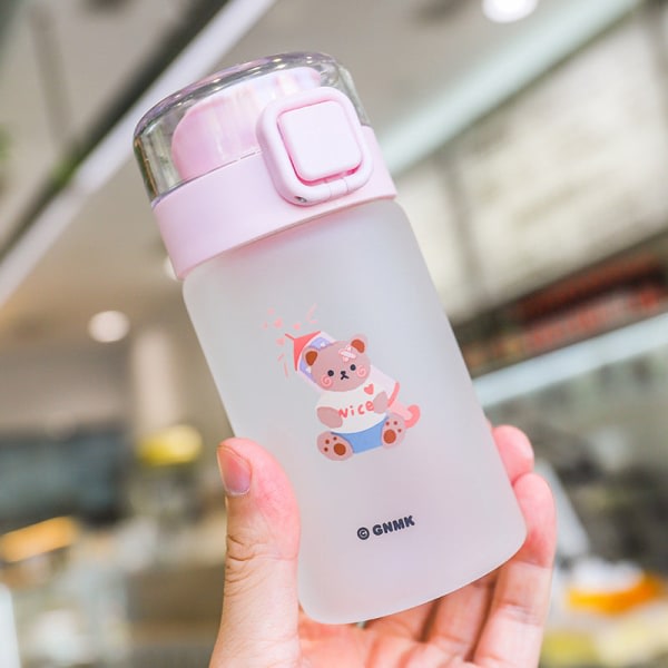 Läcksäker barnvattenflaska Söt barn Enkel frostat glas Tecknad personlighet med teinfusionsskala rosa 280 ml