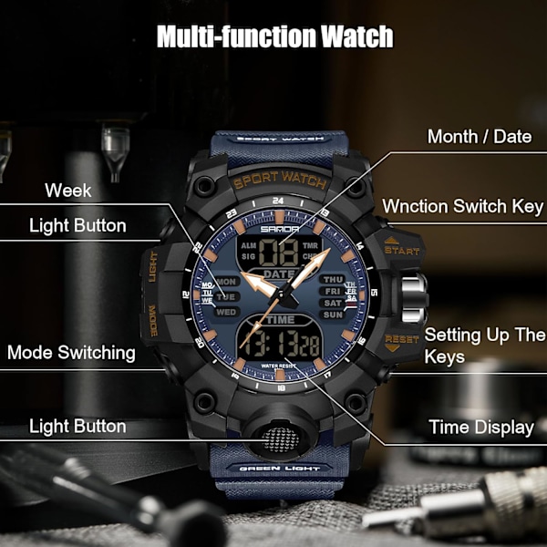 Herrar Sport Armbandsur Multifunktionell Elektronisk Klocka Digital Kvartsur Dubbel Display Klocka för Pojke 50m Vattentät Svart Blå Black blue
