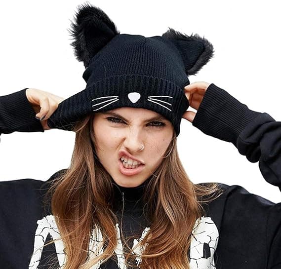 Kvinnor Flickor Kattöron Mössa Vinter Varm Stickad Skidmössa Black-max Black
