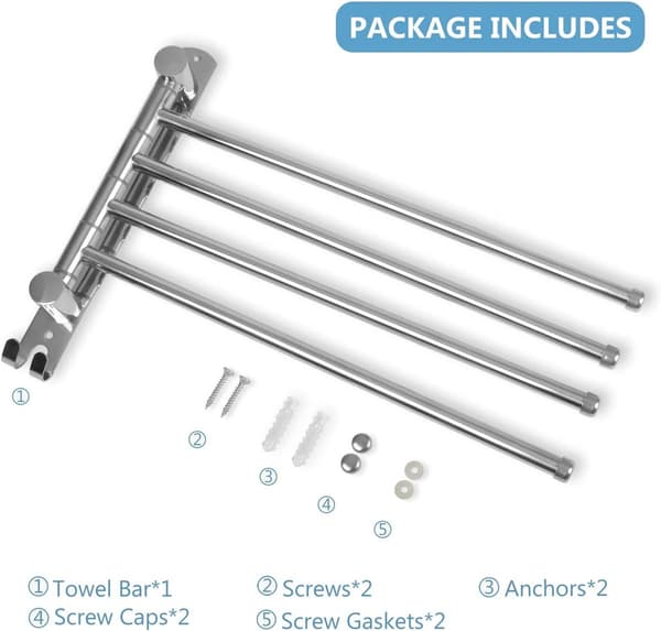 Silver SUS304 4-stångs handdukshängare för badrum – 180° roterbar, väggmonterad, 34 cm, för diskbänk