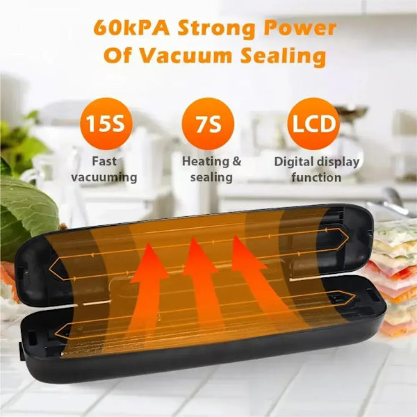 Vakuumforsegling Emballeringsmaskine Mad Vakuumforsegling med gratis 10 stk Vakuumposer Husholdningskøkken Vakuummadforsegling 220V Sort