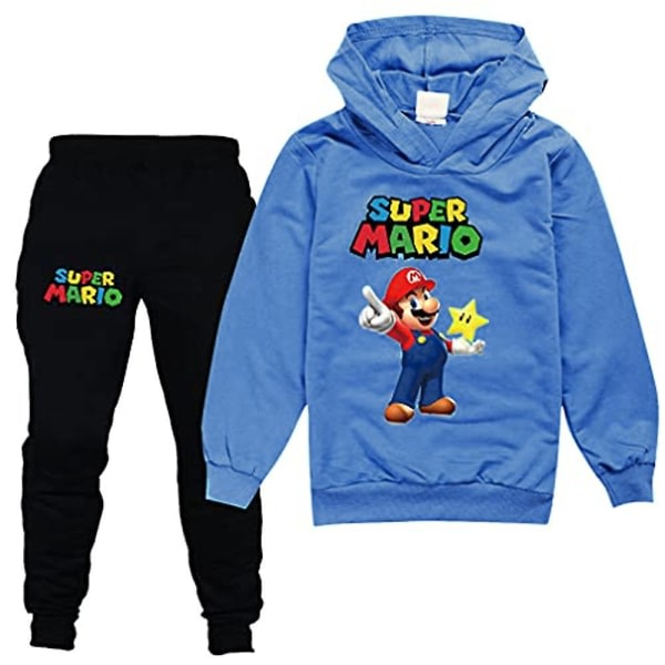 Barn Super Mario Outfit Set Pullover Luvtröja Huvtröja Topp Träningsbyxor Joggingbyxor Träningsoverall för pojkar Flickor13-14 årBlå SQBB