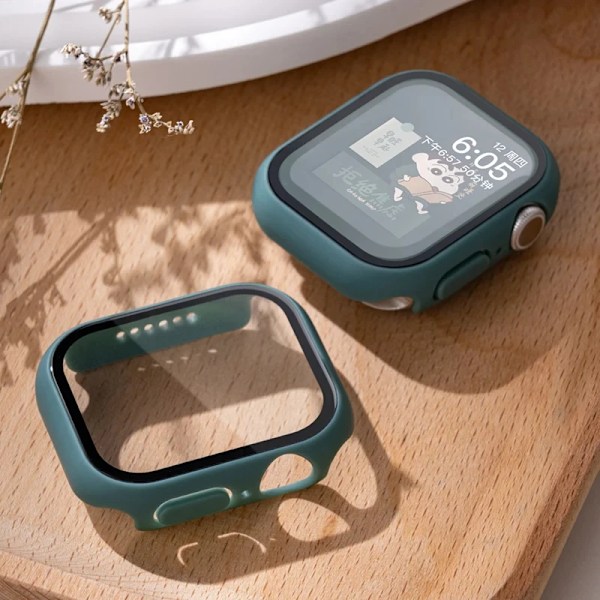 Härdat glas+ cover för Apple Watch Case 45mm 41mm 44mm 40mm 42mm Skärmskydd Apple Watch Tillbehör serie 9 4 5 6 SE 7 8 Pine green 5 Series 7-8-9 41mm