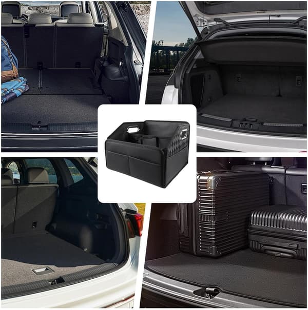 Læder Bil Bagagerums Organizer - Foldbar Opbevaringsboks til SUV, Sort Black