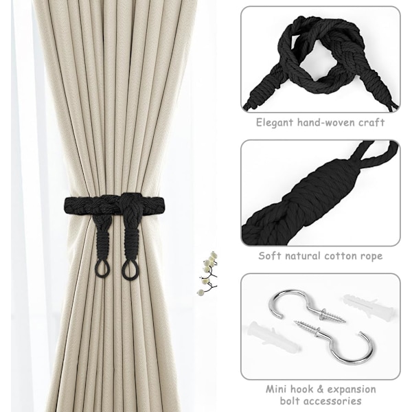 Bomulstogreb Gardinbindere, 4-pak Håndstrikket Gardinholdere, Off White Black-4 pcs