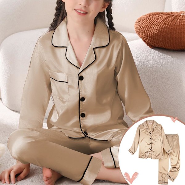 Barnens siden satin pyjamas set, kortärmad knapp-down pyjamas för pojkar & flickor, mjuk nattkläder för ålder 10-13 Champagne 10-11y